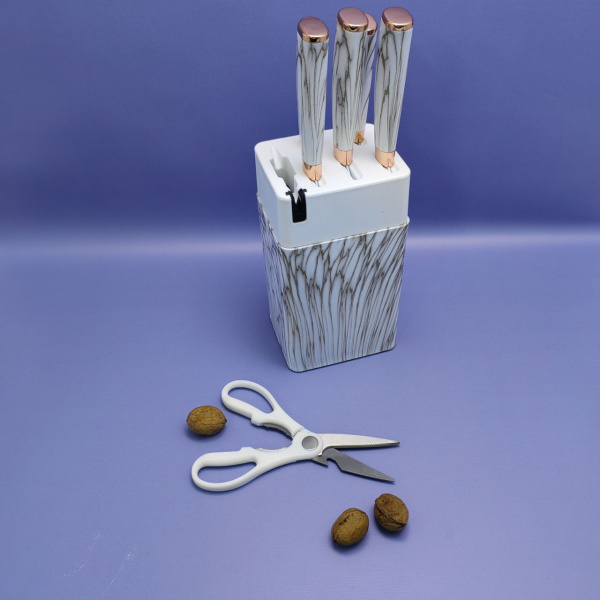 Набор кухонных ножей из нержавеющей стали 7 предметов Alomi на подставке / Подарочная упаковка, Белый мрамор